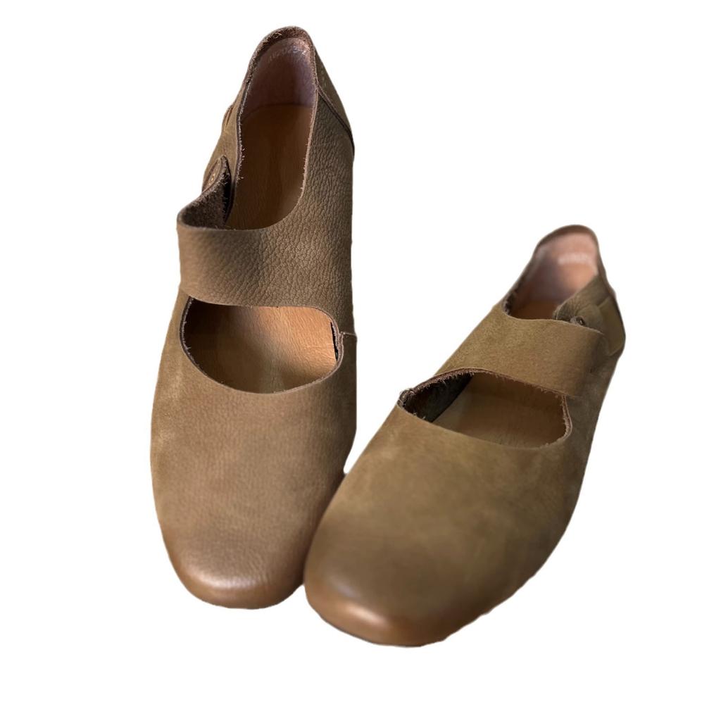 Cowhide Version Retro Niche Polished Round Head Flat-bottomed Ballet Shoes Women's Autumn New One-word Strap Mary Jane Single Shoes