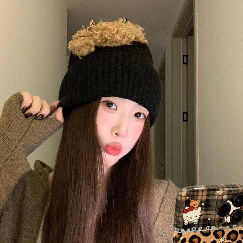 Korean Autumn and Winter Knitted Hat Cute Teddy Puppy Woolen Hat for Women  Versatile Warm and Face Friendly Small Ear Protection Hat  Pullover Hat