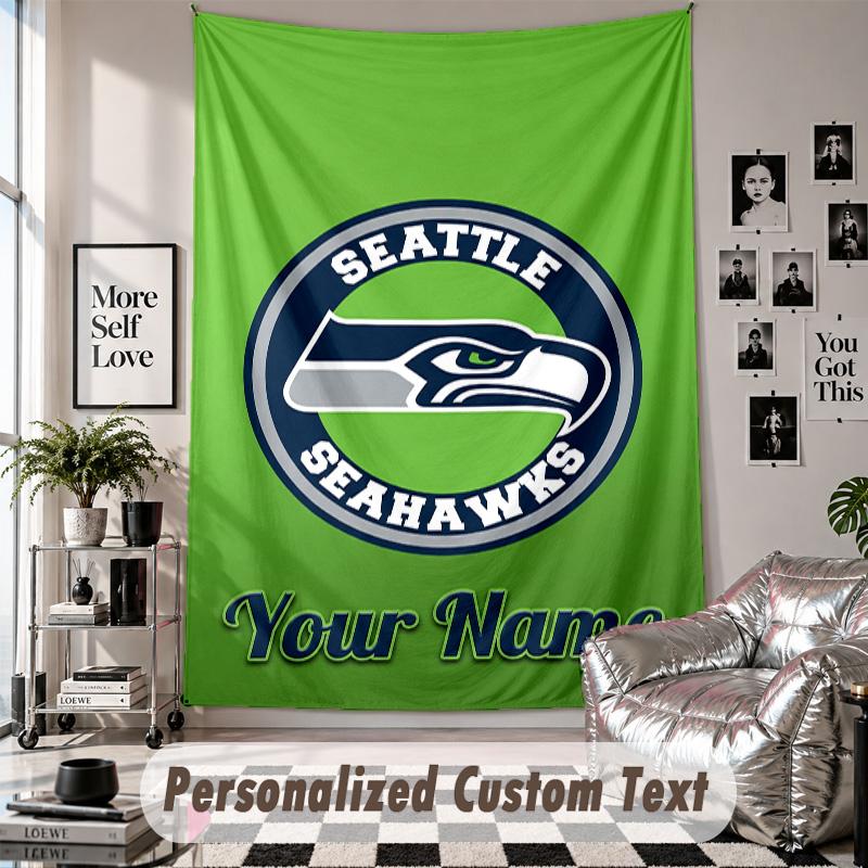 Wall Hanging Tapestry With Custom Name & Text, Seattle Seahawks Decorative Tapestry For Bedroom