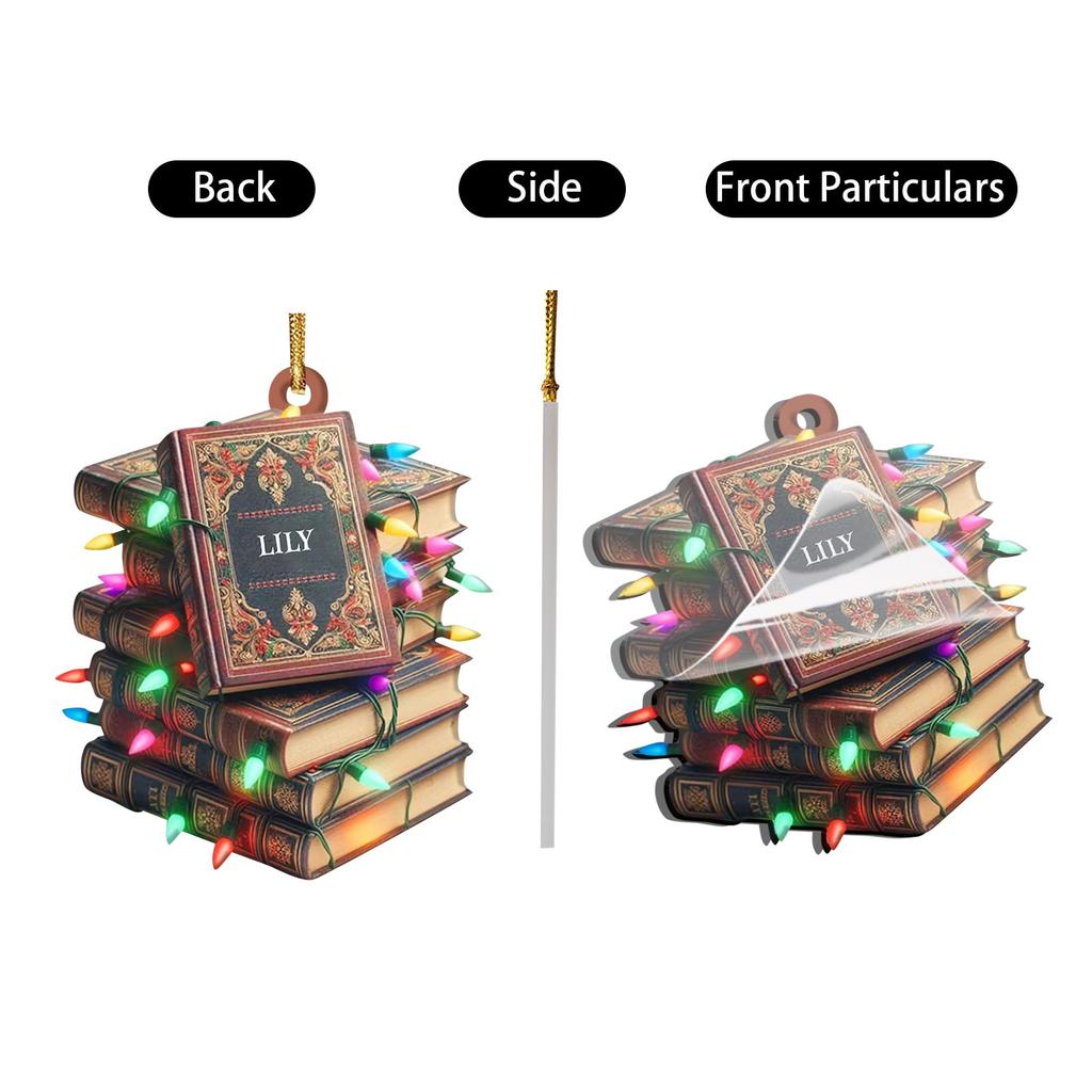 Vánoční ozdoby Bookworm 2D ploché, Vánoční ozdoba knihovna, Dárek pro milovníka čtení učitele, knihovníka, přátele knihomoly, upomínkové dárky