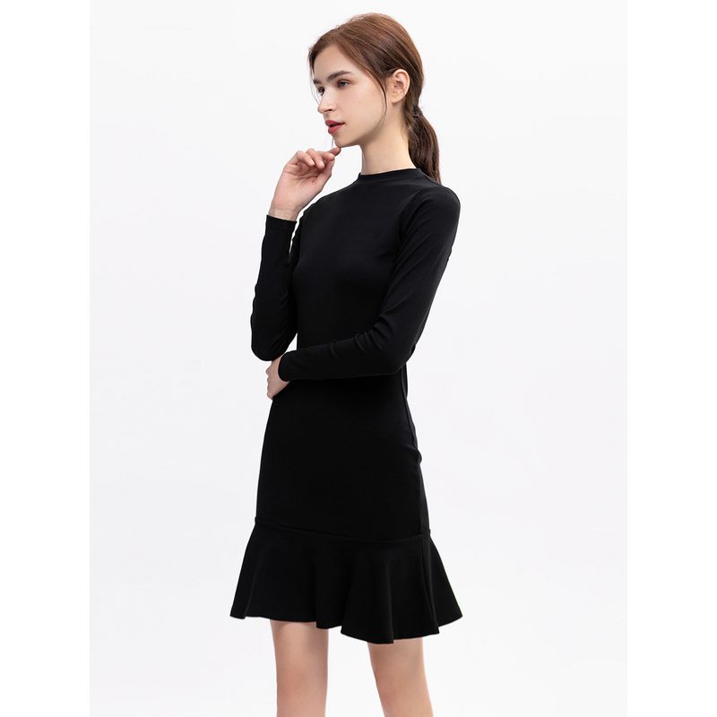 Small Fashion Slim Fit Ruffled Versatile Small Black Dress 2025 Spring & Fall New Arrival Minimalist Long Sleeve Base Dress