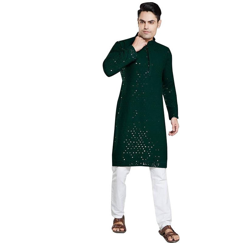 

DIVISIVE Men s Sequince Embroidered Cotton Blend Only Slim Fit Kurta (DKRT18_XL_Bottle Green) XL зелёный