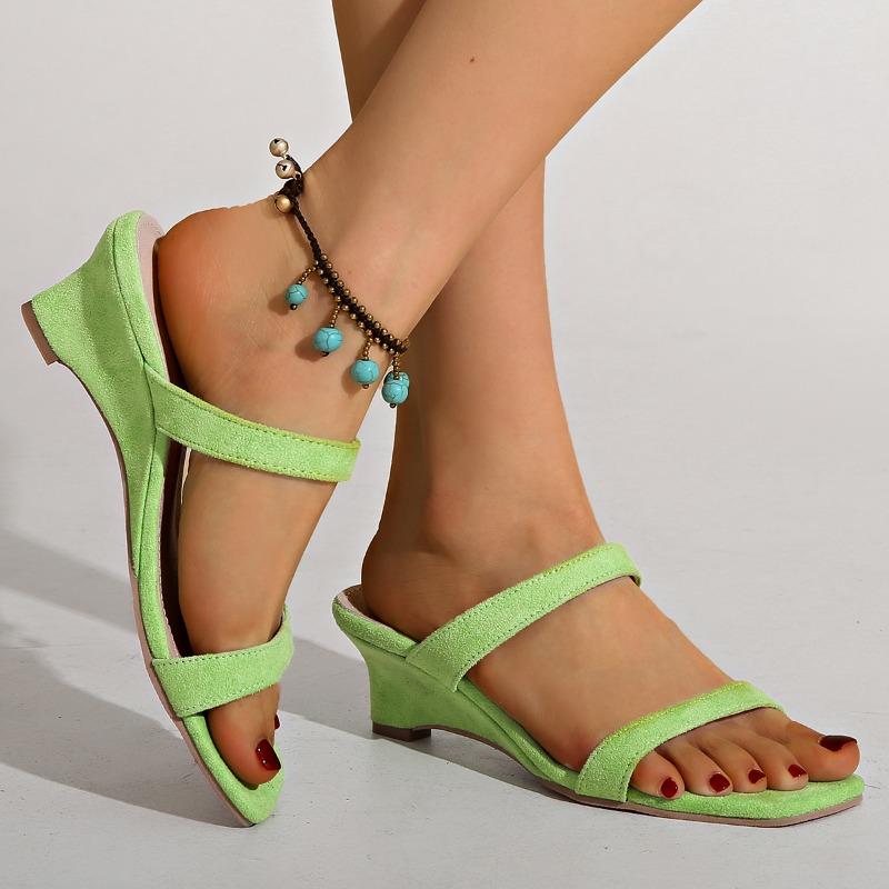 Mode Keilabsatz Sandalen Sommer Neu Quadratische Zehenpartie Offene Zehen Wildleder Feine Riemchen Set Fuß Rutschfest Abriebfest Hausschuhe