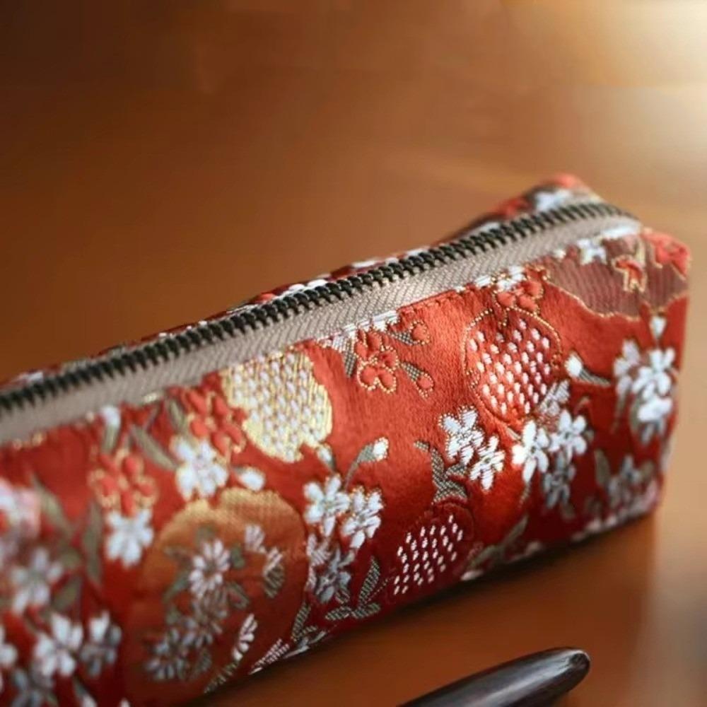 New Chinese Retro Style Pencil Case Damask Embroidery China Bird Flower Art Pen Bag Flannel Lining Beautiful Women Makeup Bag