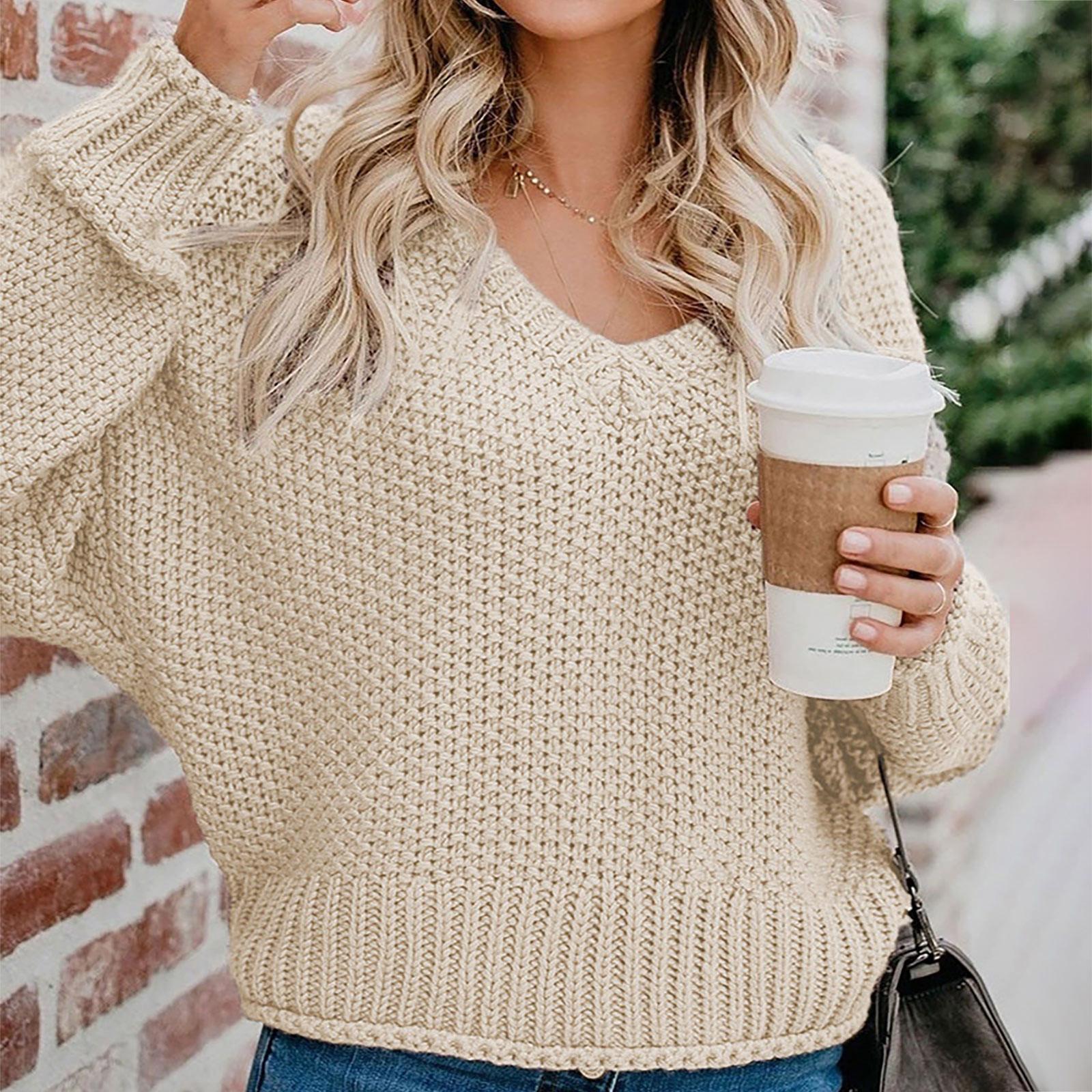 Женская повседневная модная рубашка с v-образным вырезом, однотонный пуловер с длинными рукавами, топы S бежевый