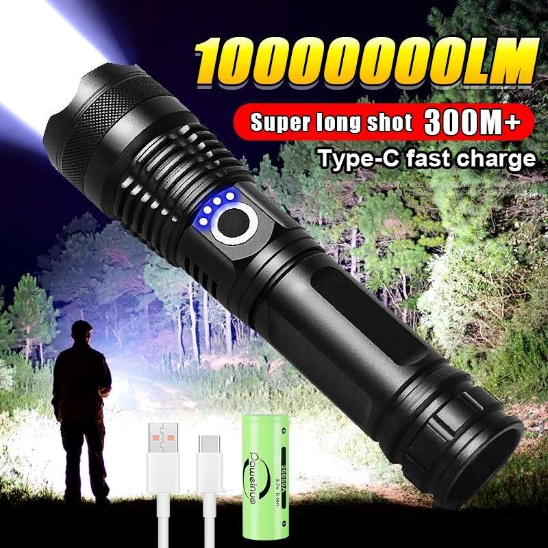 Most Powerful LED Flashlight Strong Light Tactical Torch Outdoor Waterproof Camping Hiking Lantern  USB Rechargeable Lamp