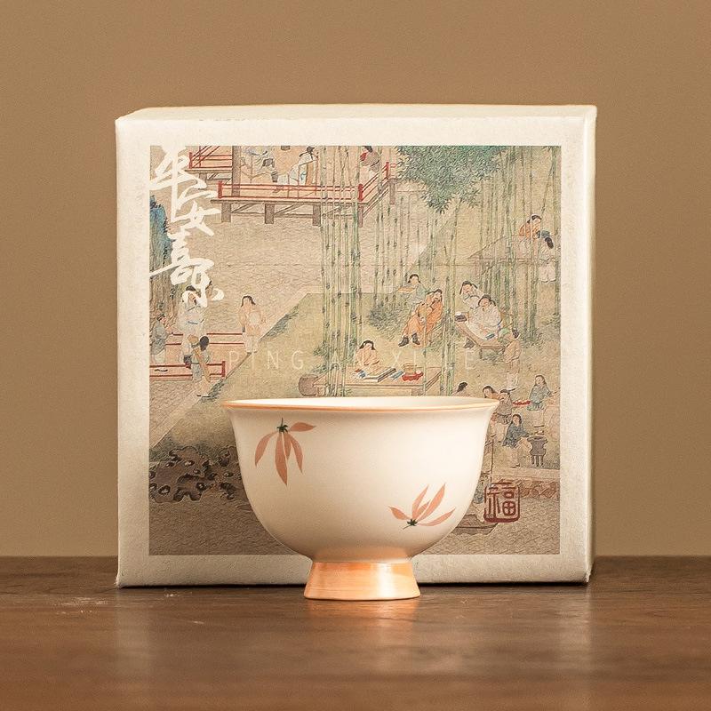 Mellow Yellow Glaze Ceramic Tea Cup with Orchid Design High Foot Personal Master Cup for Chinese Gongfu Tea Gift