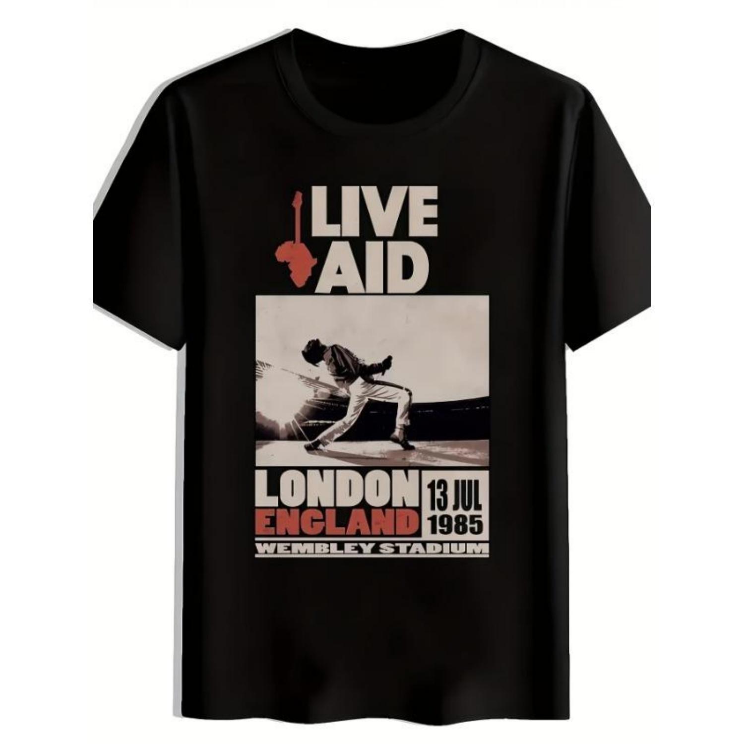 

Mens Vintage Live Aid Concert TShirt 85 Wembley Stadium Pattern Bold Print Classic Rock Fans 80s British Band Memorabilia S чёрный