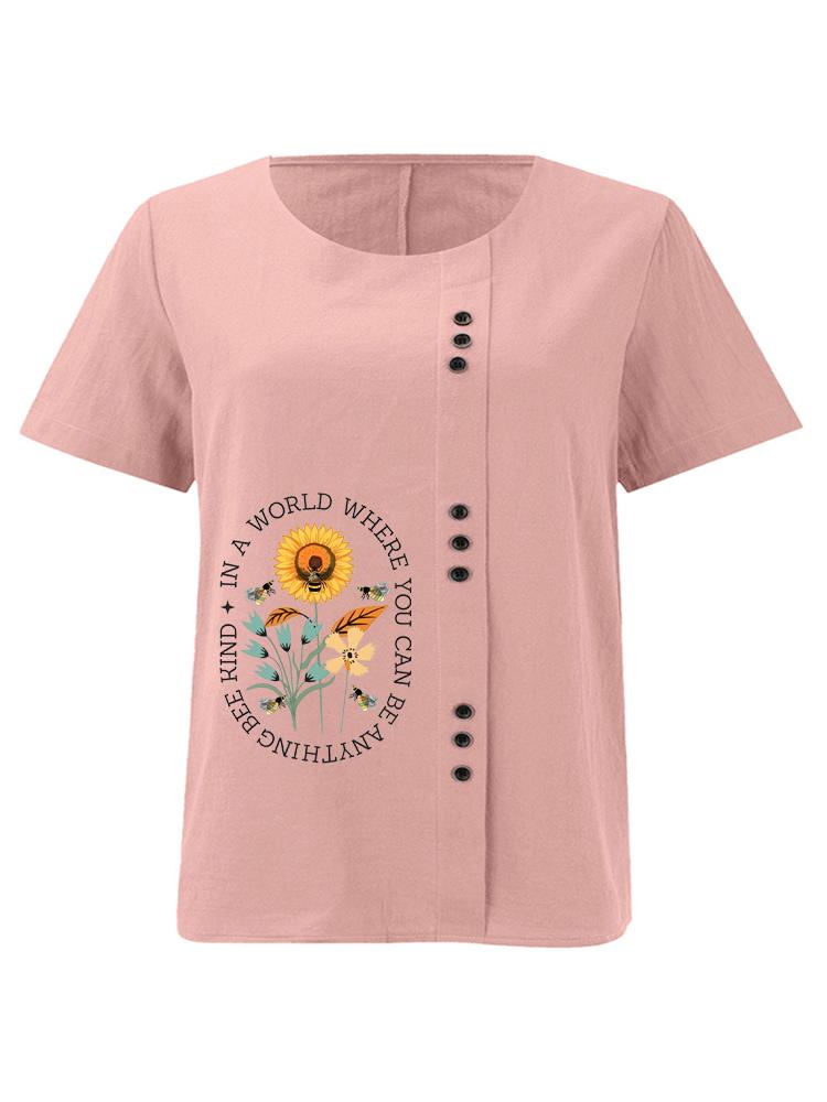 Women s Fashion Alphabet Flower Bee Print Casual Cotton Linen Short Sleeve Round Neck T-shirt Shirt Leisure Loose Summer Blouse Tops S розовый