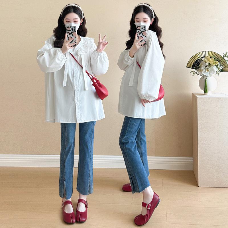 Autumn 2026 Quality Maternity Wear: Trendy Long Sleeve Mid-Length Doll Shirt for Moms M белый