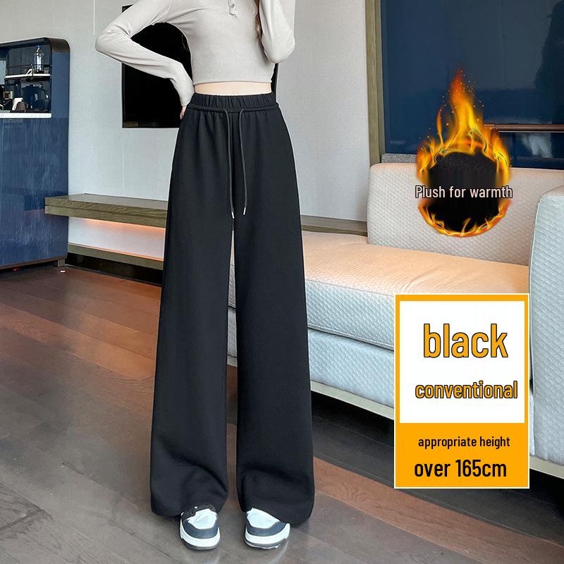 Women's Black Cotton Wide-Leg Pants - Thickened, Slimming, High-Waisted, Casual Winter Trousers with Plus Velvet. Free Shipping.