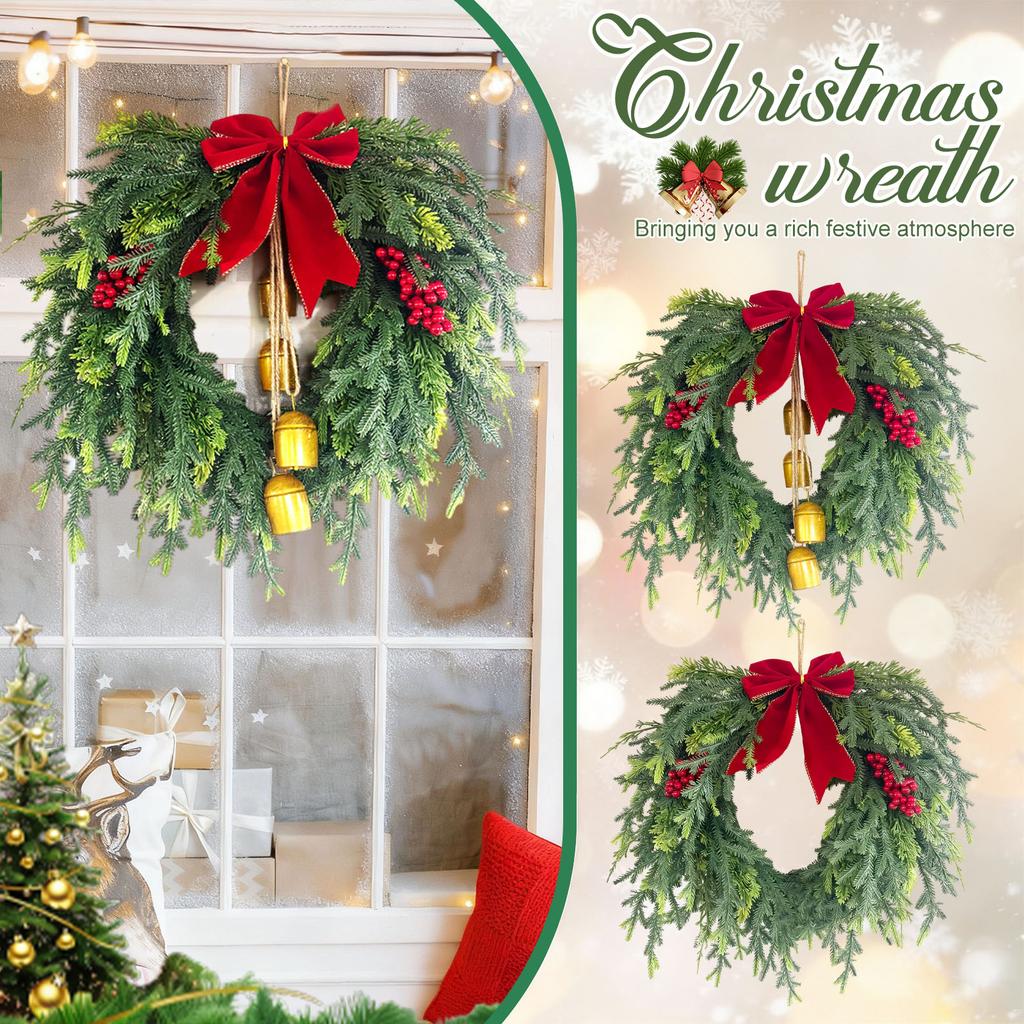 19.7In Artificial Christmas Wreath With Bell Xmas Garland Multifunctional With Red For Indoor Outdoor Decor Sturdy