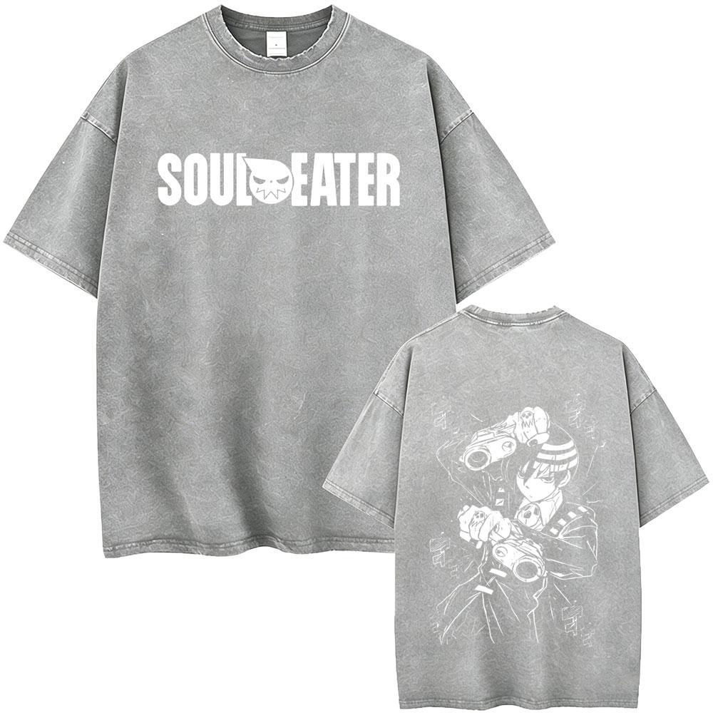 Washed Vintage Anime Soul Eater Maka Albarn Soul Evans Graphic Tshirt Mens Retro Manga T Shirts Men Cotton Oversized Tshirts