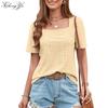 New Women's T-shirt Square Neck Hollow Short Sleeve