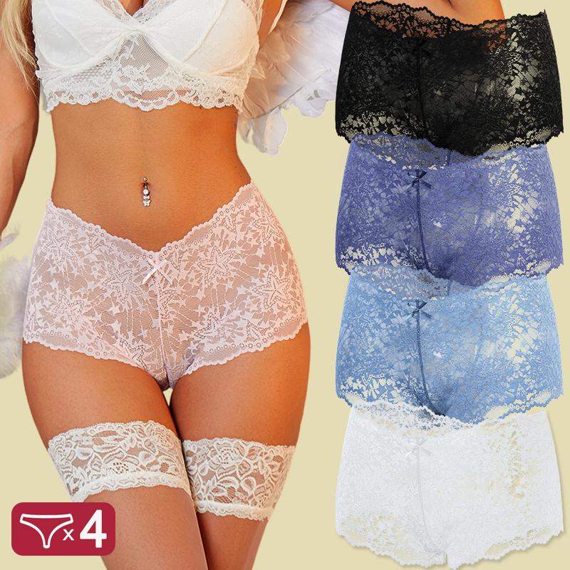FINETOO 4Pcs/Set Women Panties Hollow Out Lace Mid Waist Elastic See-through Star Lace Four Cornered Pants Women Underpants