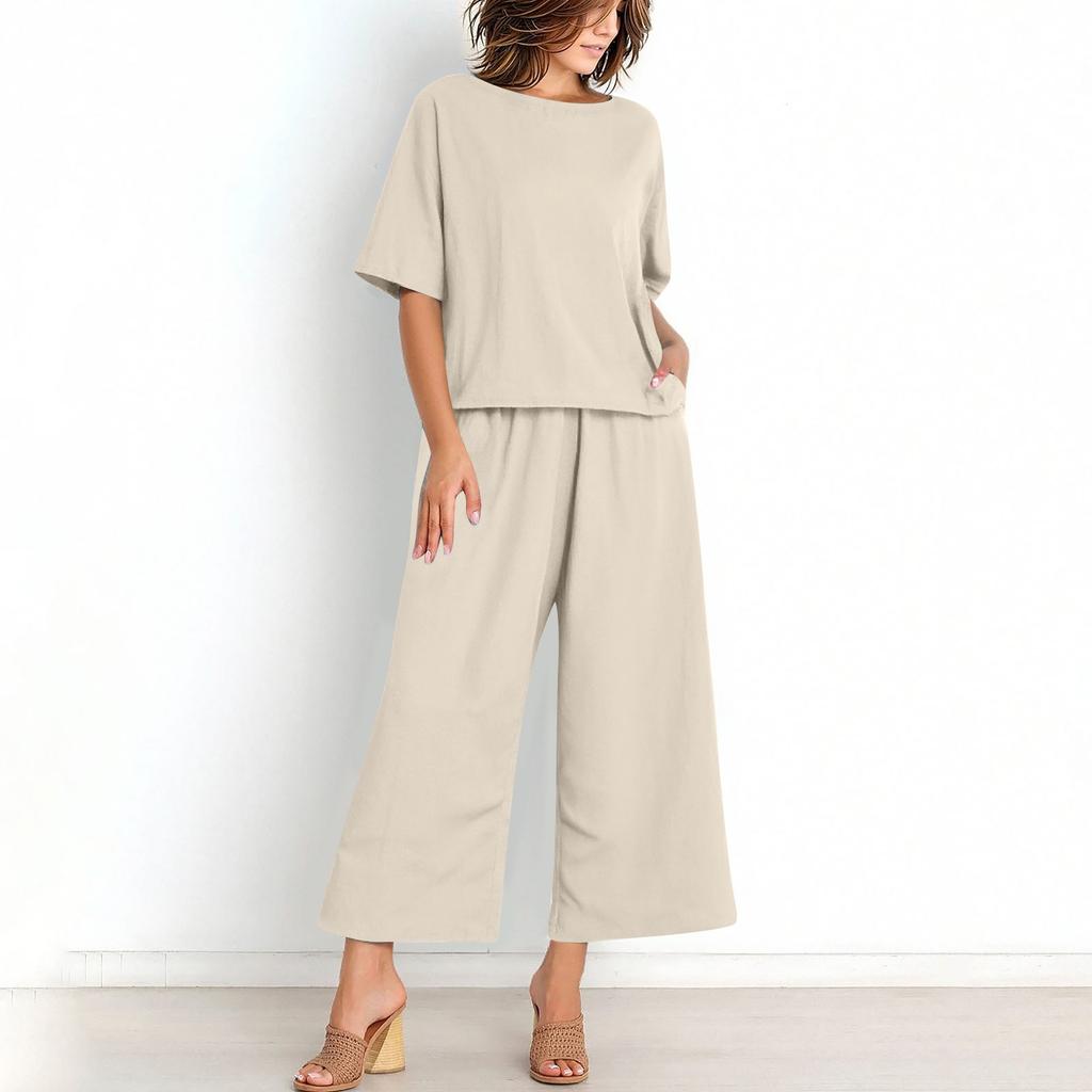 Women's Casual Fashion Sexy Long And Short Sleeve Pullover Shirt Round Neck Literary Retro Color Casual Split Suit