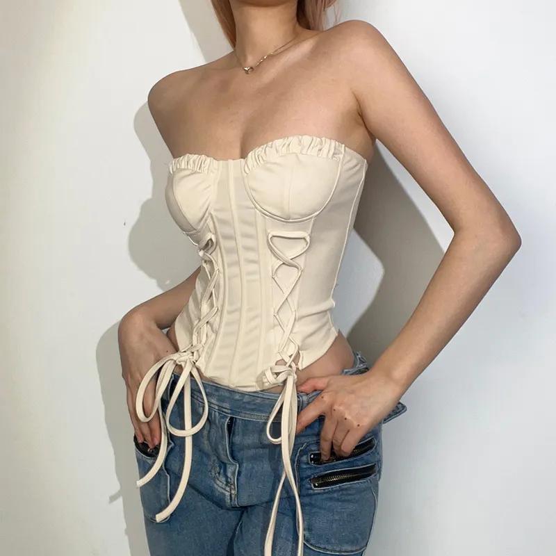Women's Beige Bandeau Corset Top Ruffled Bust Lace Up Back Sleeveless Casual Crop Top