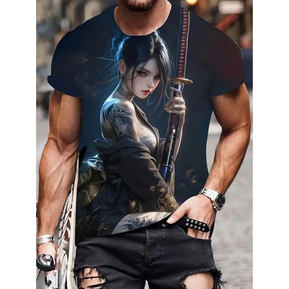 Anime Samurai Girl 3D Print T-Shirts Men's Women Short Sleeve Round Neck T Shirt Oversized Streetwear Tees Unisex Tops Clothing