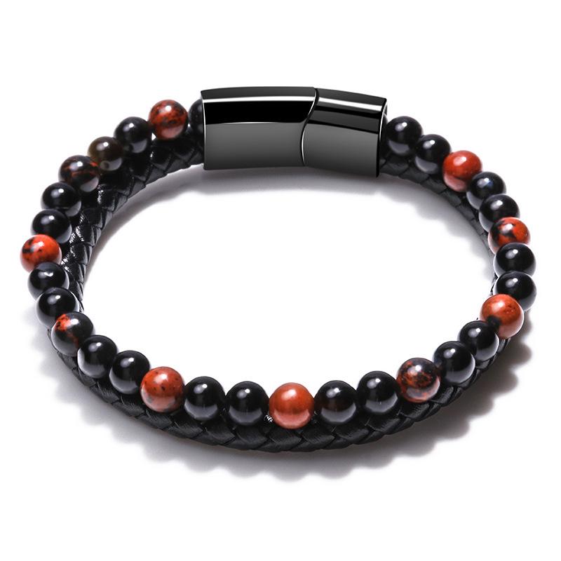 Men's Natural Stone Bracelet with Volcanic Beads, Tiger Eye, Magnetic Clasp, and Braided Leather Cord.
