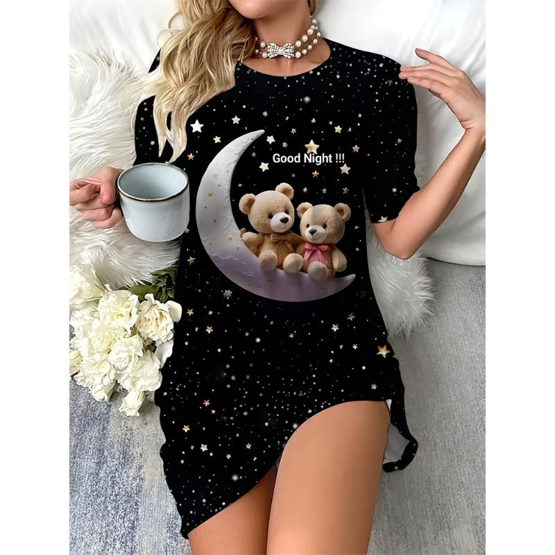 Summer Women's Nightgown Cute Round-Neck Short-Sleeve Dachshund Print Dress—Comfortable and Breathable Loungewear for Home