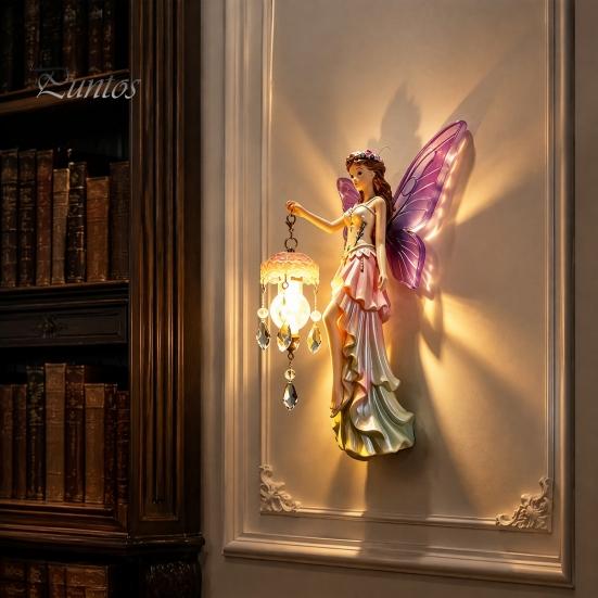 Gift for Birthday or Housewarming Fairy Wall Night Light, Resin Elf Sculpture Lantern Bedroom, 3D Elegant Entrance Hall Lighting Hanging Art