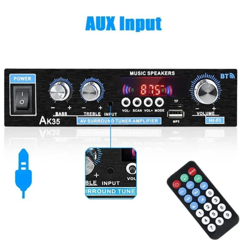 2025 New HiFi Digital AK35 Bluetooth Amplifiers MP3 Channel 2.0 Sound AMP Support 110V-240V for Home Car FM USB Remote Control