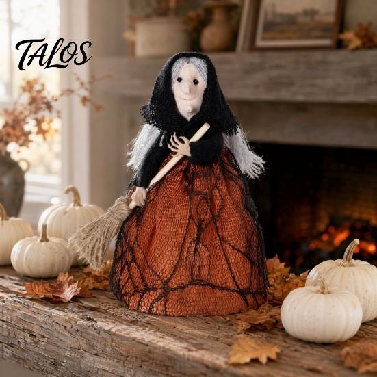 Retro Witch Figurine Halloween Kitchen Doll, Small Statue with Broom, Black And Orange Doll Tabletop Party Decoration for Table Fireplace Holiday Home