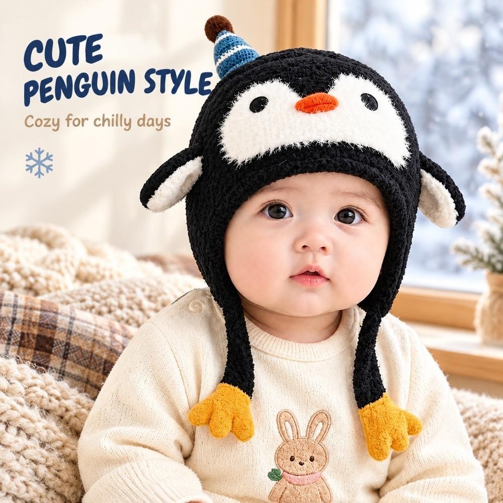 Fleece Lined Penguin Baby Hat Soft Knitted Baby Winter Cap Cartoon Kids Hat Boy Girl Unisex