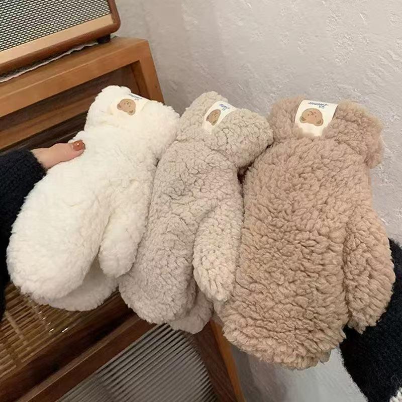Warm Winter Plush Bear Mittens - Cute, Funny, Thickened Cold-Proof Gloves for Women & Students, Ideal for Outdoor Cycling