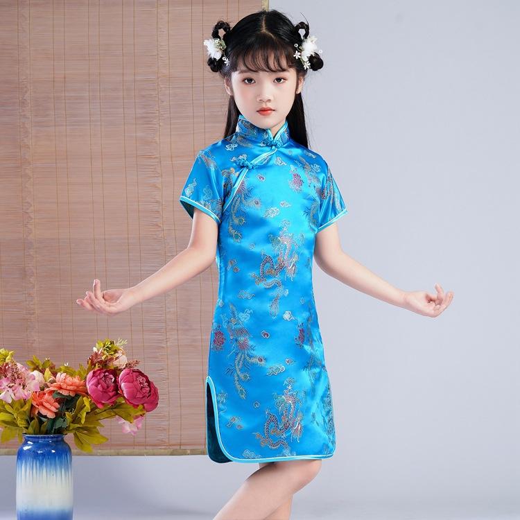 Chinese Style Girls Cheongsam Dress Brocade Summer Retro Button Stand Collar Stage Performance