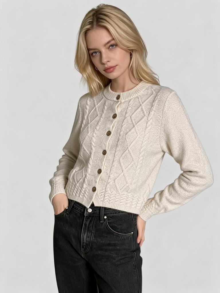 New Crew Neck Knit Cardigan for Women, Autumn/winter Coarse Knit Knit Sweater Jacket, Fashionable Versatile Long-sleeve Top