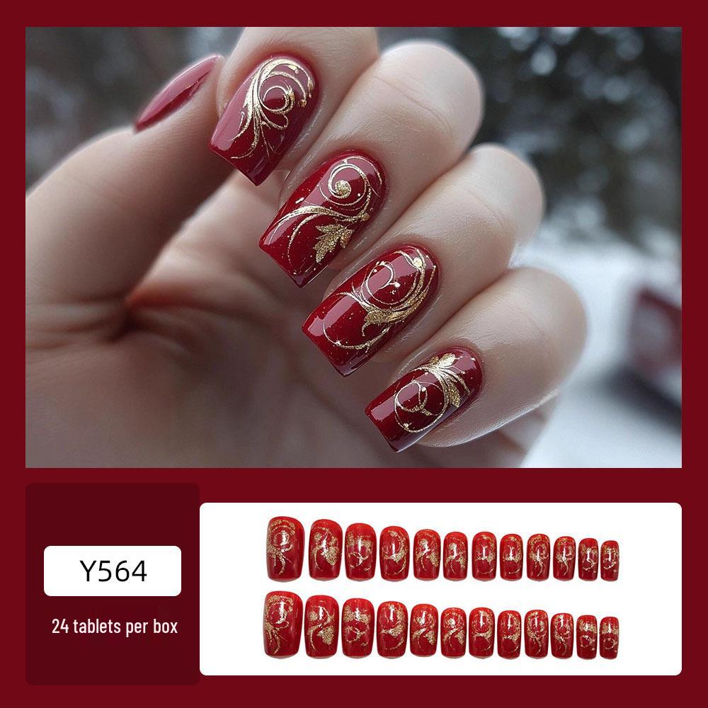 Wine Red European Square Glitter Floral Removable False Nails with Whitening Effect