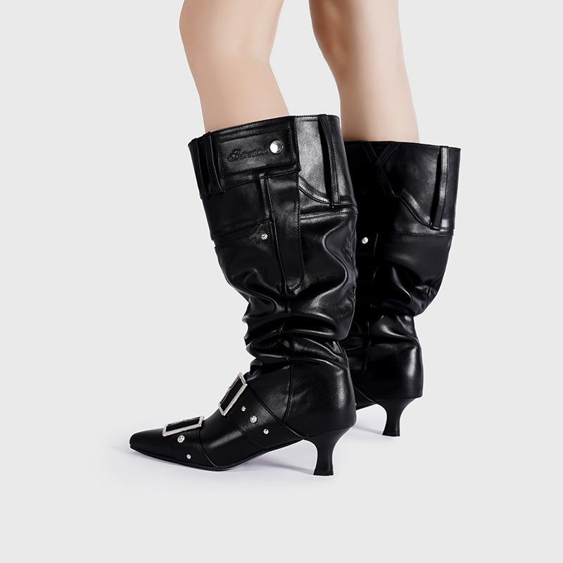 Pointed metal buckle big tube heap boots retro small high heel fashion boots Spice girl long boots women