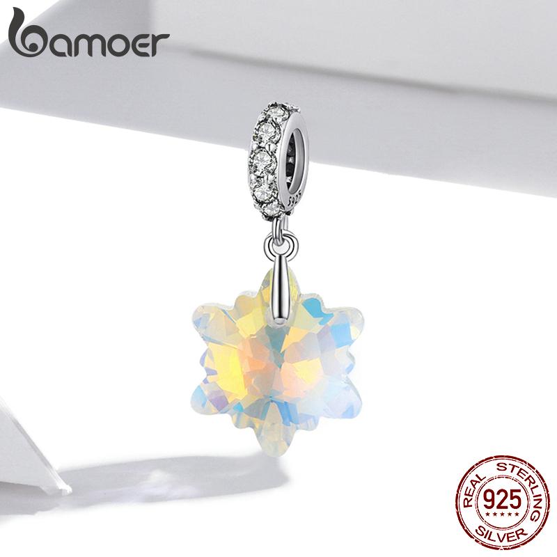 

BAMOER из стерлингового серебра 925 пробы, изысканные сверкающие хрустальные бусины-снежинки для женщин, ювелирные украшения 925 silver