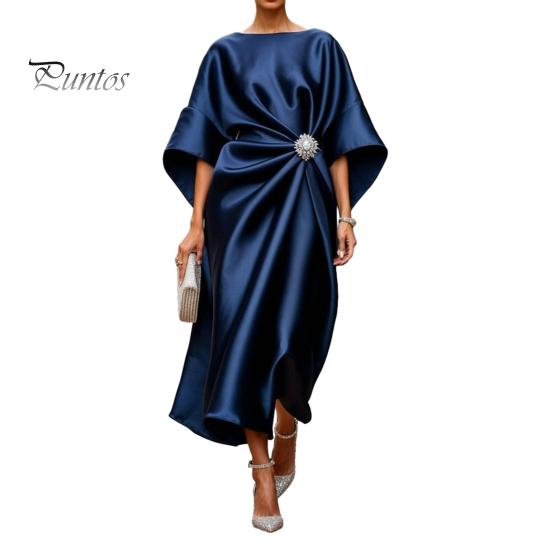 Alltags lässiges Kleid Damen Satin Fledermausärmel Maxikleid, Strassakzent Rundhals Polyester Abendparty A-Linie Formell Hochzeitsgast