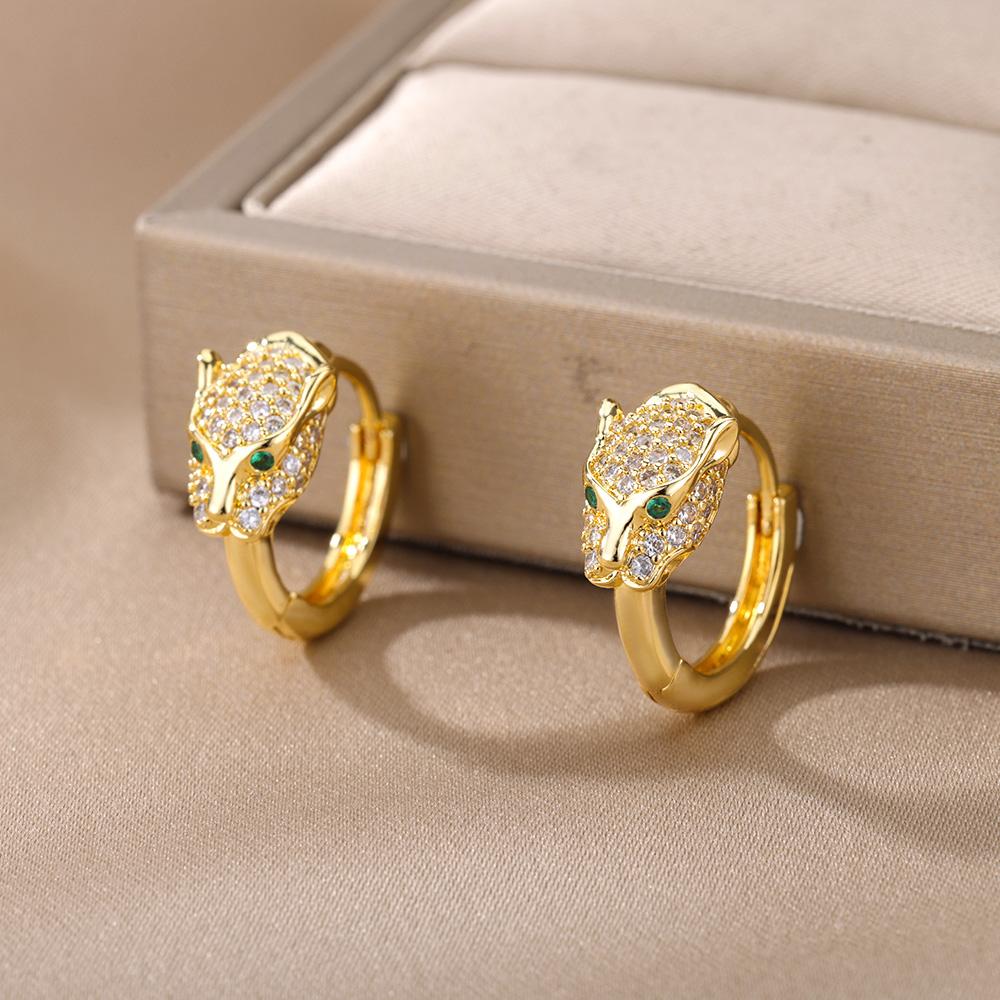 Punk Cz Stone Crystal Panther Hoop Earrings  For Women Animal Leopard Head Earrings Exaggerated Party Jewelry Gift Bijoux Femme