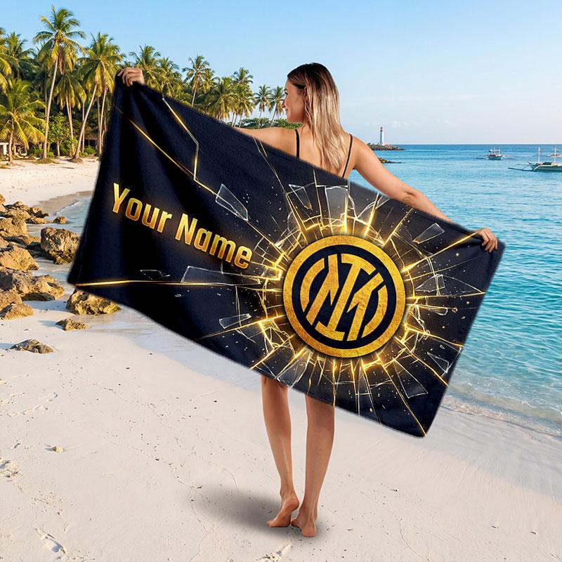 Asciugamano da Spiaggia Personalizzato Inter Milan, Stampa Testo Nome Personalizzato, Asciugamano Morbido Asciugatura Rapida con Logo Calcio, Regalo per le Vacanze