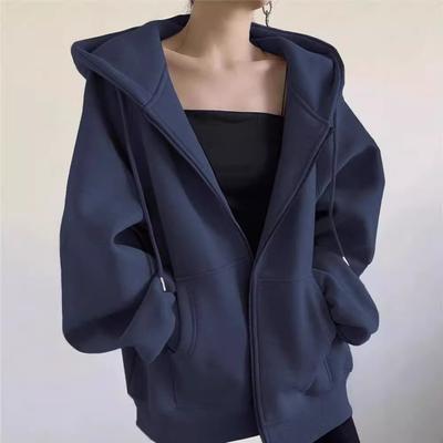 Solid Color Fleece Hoodie Jacket Women's Autumn Winter Thickened American Retro Lazy Style Loose Hooded Top