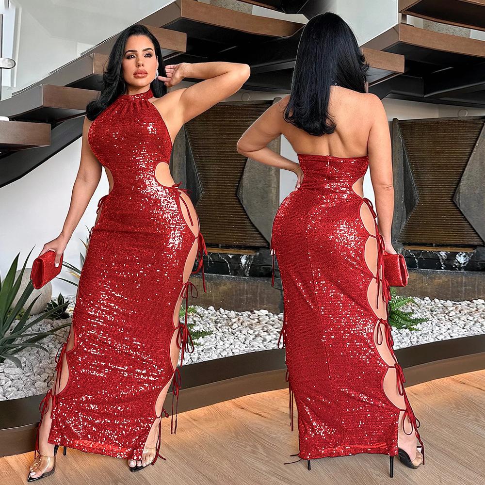 CY901101 European and American Women's Clothing, New Models, Straps, Hollow Beads, Elegant Sexy Dress, Long Dress