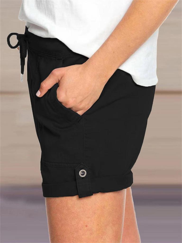 2025 Women's Casual Solid Color Straight-Leg Lace-Up Shorts