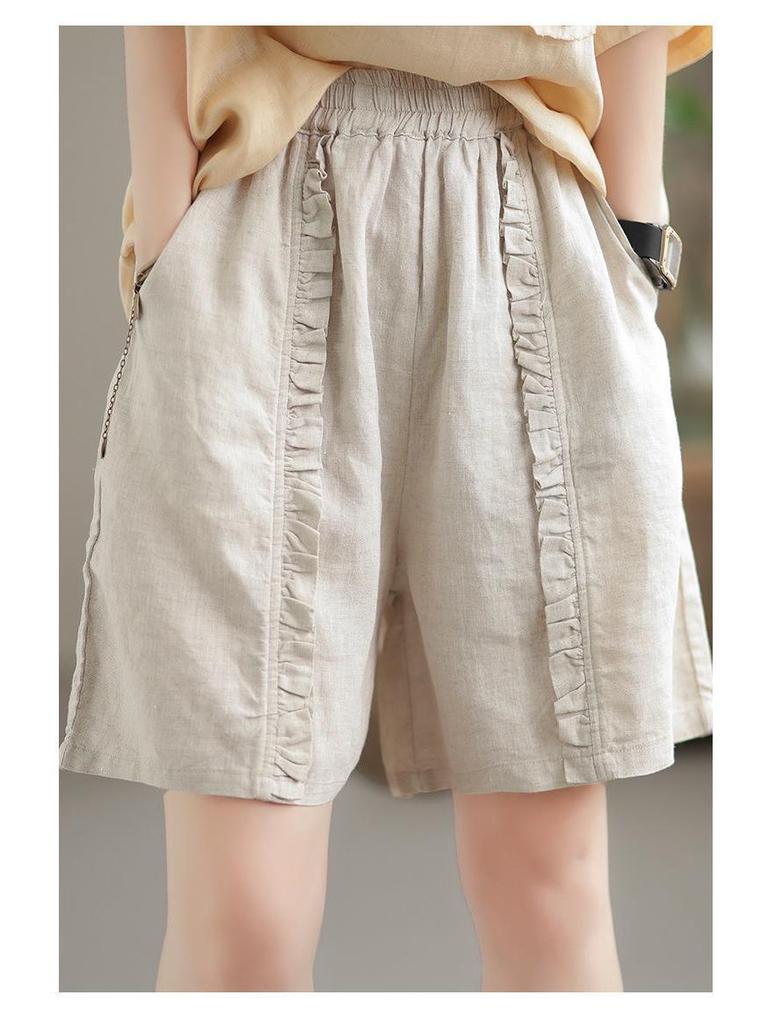Women's Retro Pleated Cotton-Linen Harem Shorts – Casual, Loose, Elastic Waist for Spring/Summer