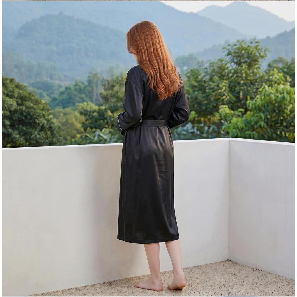 New Arrival Satin Solid Smooth Finish Unlined Contrast Trim Stylish Waist Tie Women's Pajamas Set