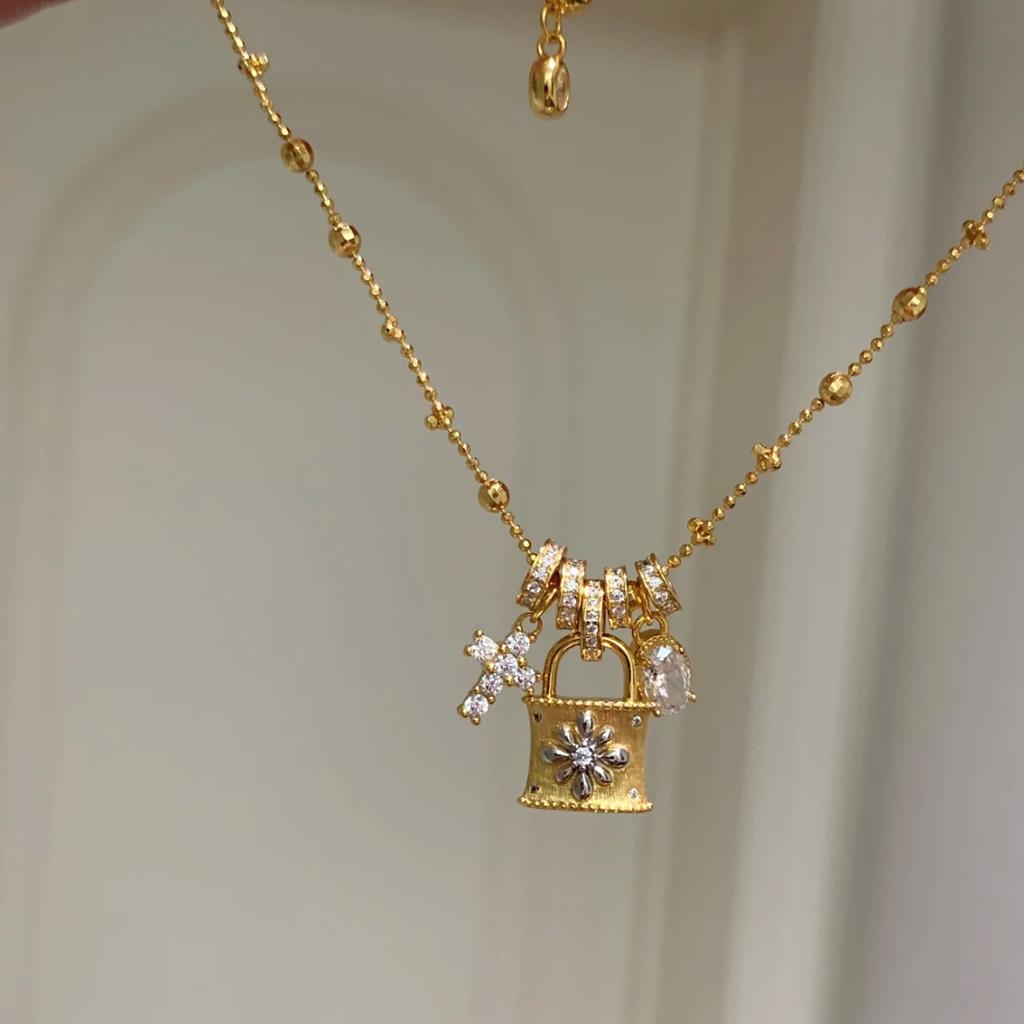 Cross Lock Bag Necklace Femininity Full of Zircon Design Antique Clavicle Chain