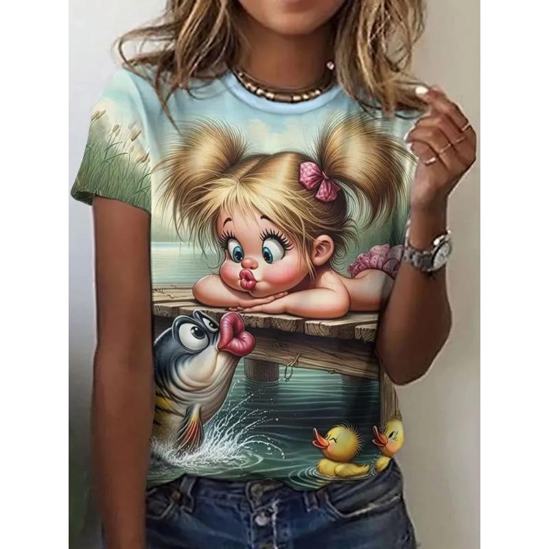 Summer Women's 3D Printed Crew Neck T-Shirt Fashion Versatile Trend Breathable Casual
