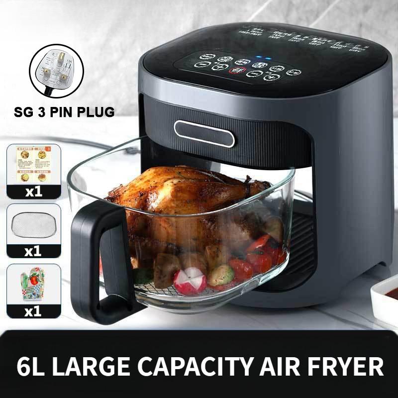 6L Large Capacity Air Fryer LED Digital Touch Screen Electric Fryer Multi-function Visible Window Kitchen Cooking Appliance