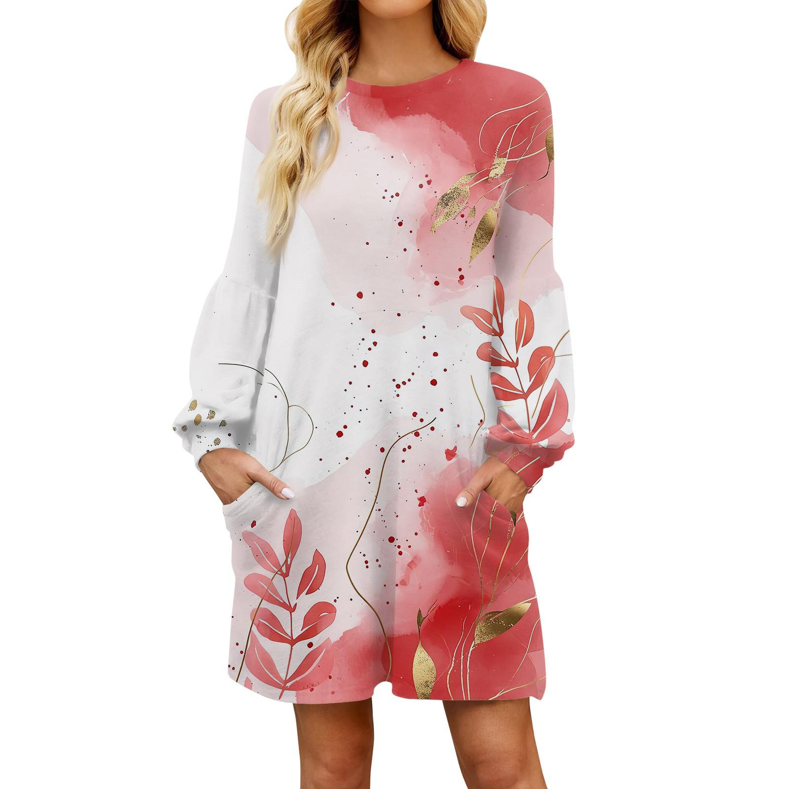 

Модное женское осеннее повседневное свободное платье с цветочным принтом и длинным рукавом L