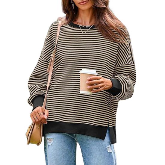 Women Striped Oversized Sweatshirt Long Sleeve Crewneck T-Shirt Split Hem Waffle Knitted Tunic Top Casual Fall Sweater