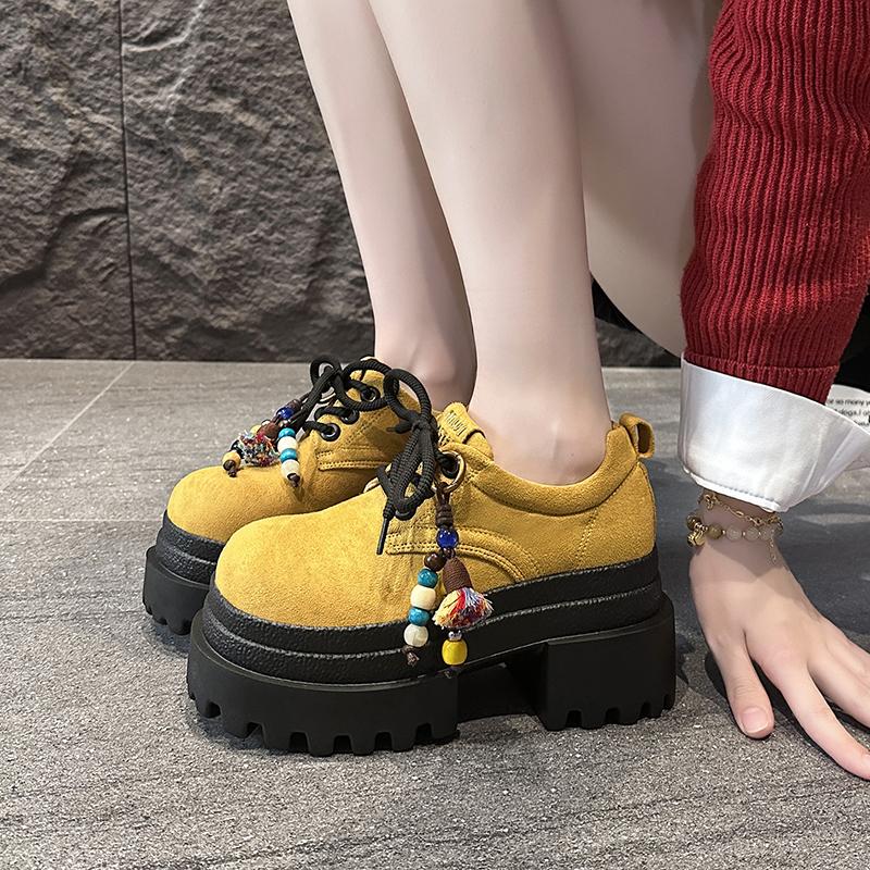 Fashion Women's Leather Sneakers New 2025 Spring High Platform Lace-up Casual Shoes Thick Sole 9CM Heels Walking Shoes Zapatos Mujer