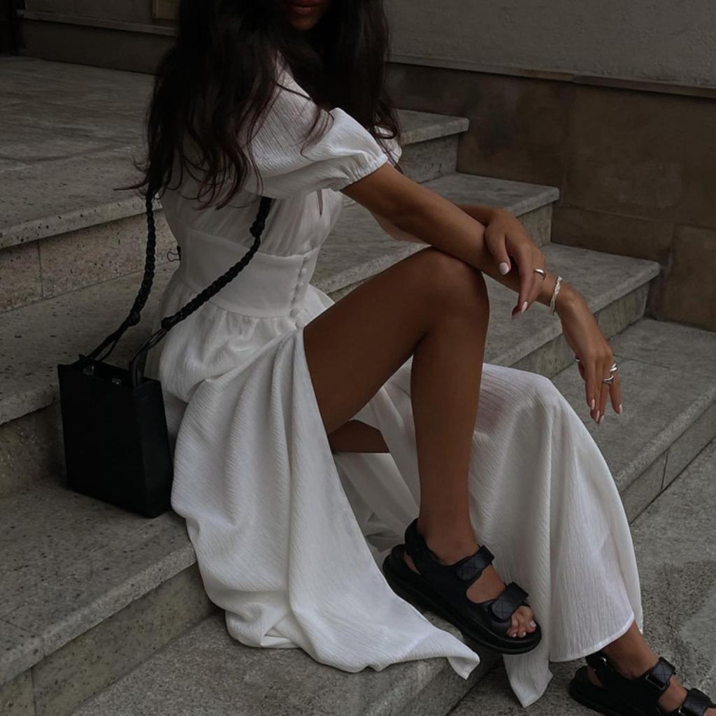 European American INS Style Women's Long Dress, Design Puff Sleeve, Slim Fit Bodycon, Split Hem Elegant Party Dress