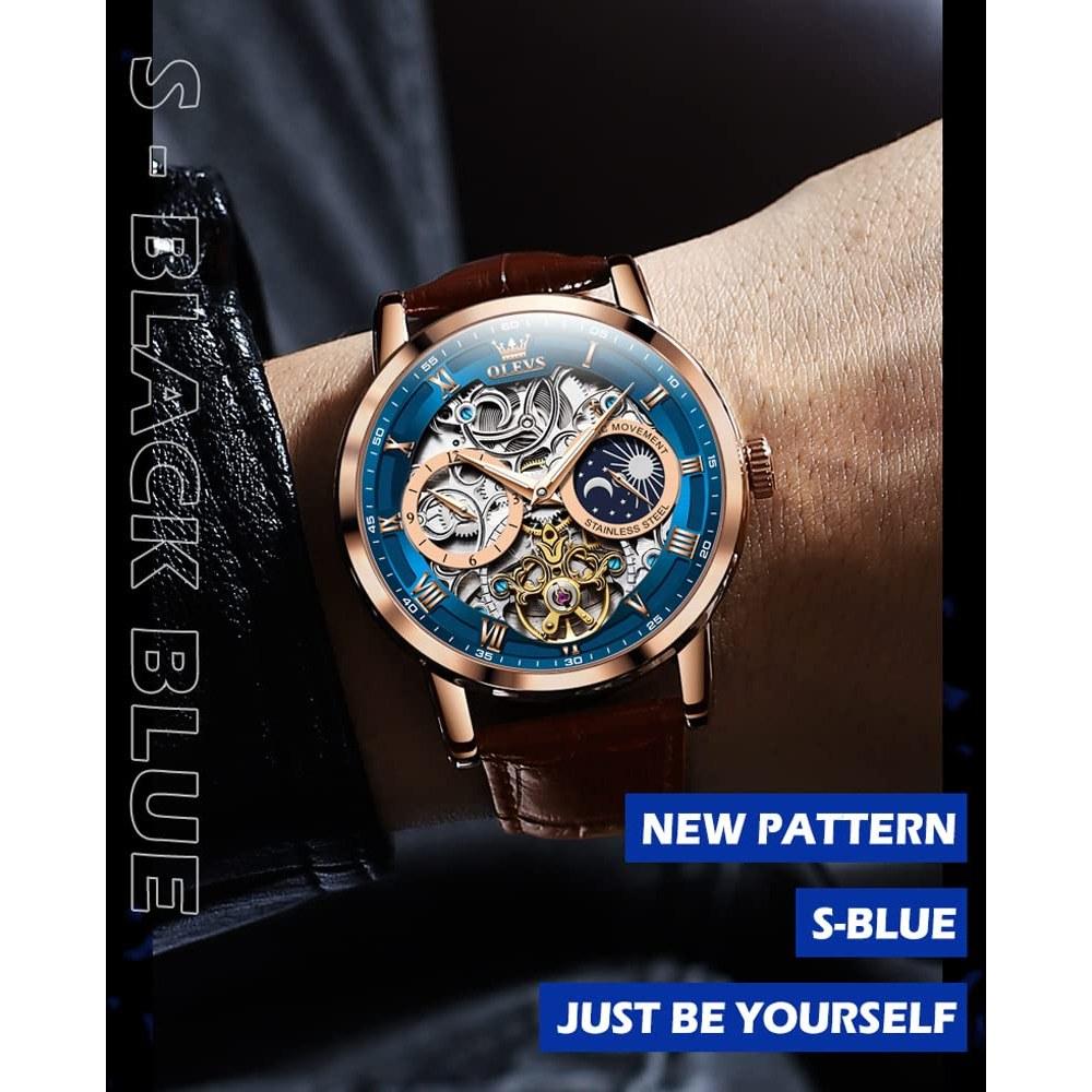 OLEVS Men's Automatic Watch Starry Sky Skeleton Luxury Waterproof Luminescent Brown Strap Blue Dial